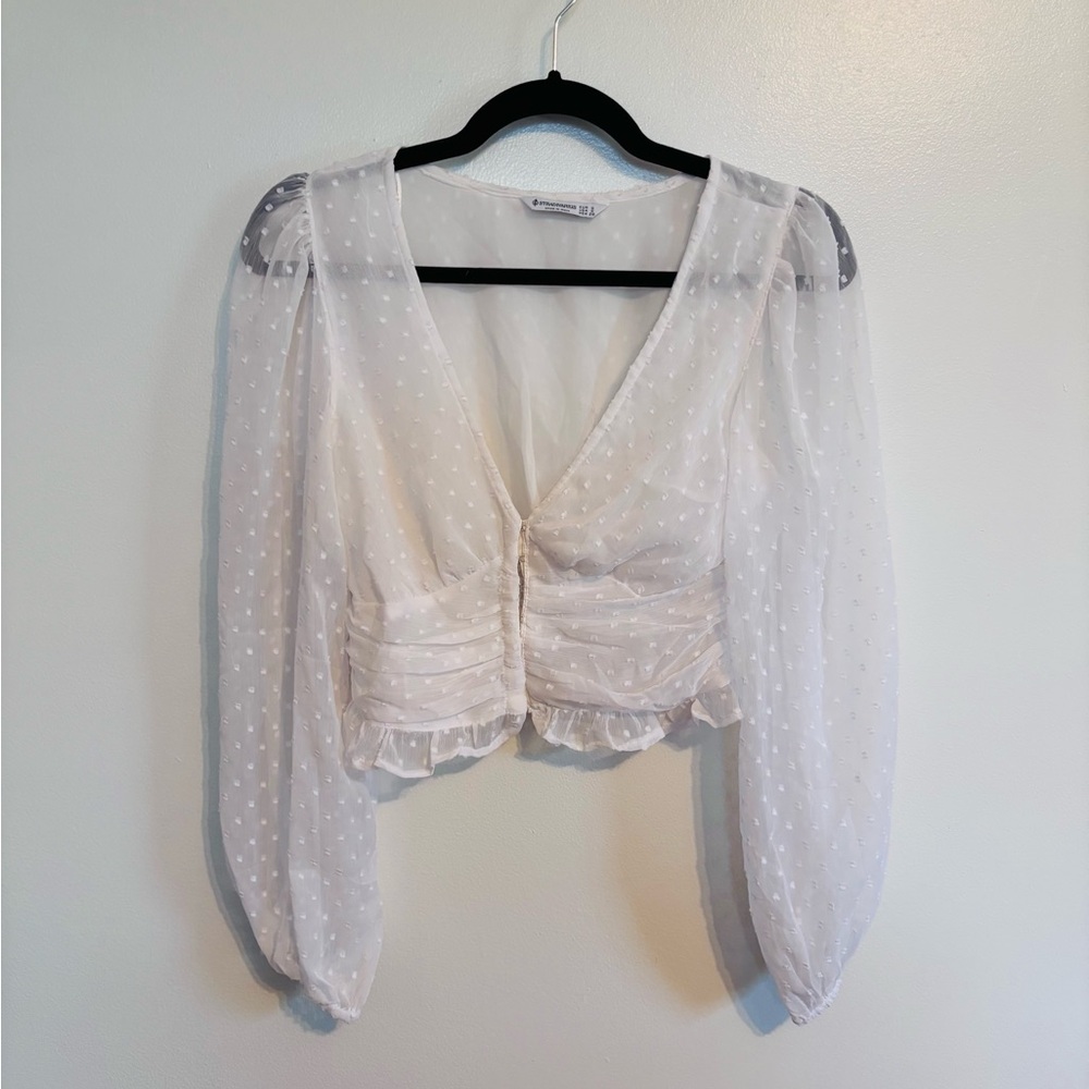 White crop top with sheer sleeves and front clasps for closure size small